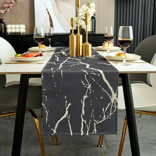 Jayusaror Tischläufer Modern Herbst Grau und Weiß Leinen Marmor Goldene Textur Abstrakte Kunst Waschbarer Tischläufer für Kaffee, Esszimmer, Kommode, Beistelltisch, Schlafzimmer, 33 x 183 cm