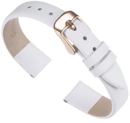 QUARKZMAN Bracelet en Cuir Véritable Blanc de 14 mm de Largeur Bracelet de Montre en Cuir Plat et Fin Élégant avec Boucle en Or Rose pour Hommes et Femmes