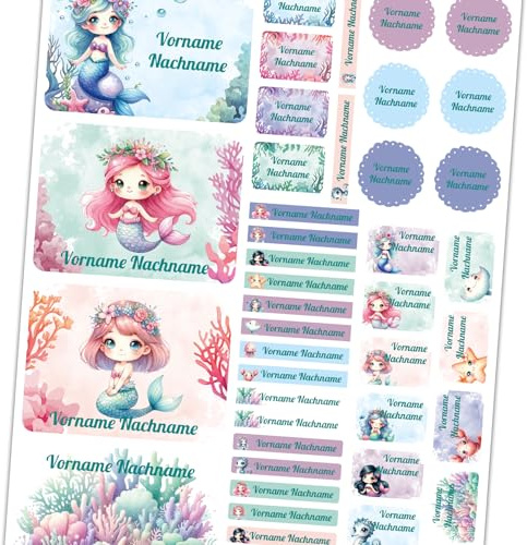 50 x Namensaufkleber mit Wunschname personalisiert Aufkleber Set mit Kinder Name Beschriftung Schule Kindergarten Kleidung Sticker wasserfest (21 Meerjungfrauen Wasserfarben)