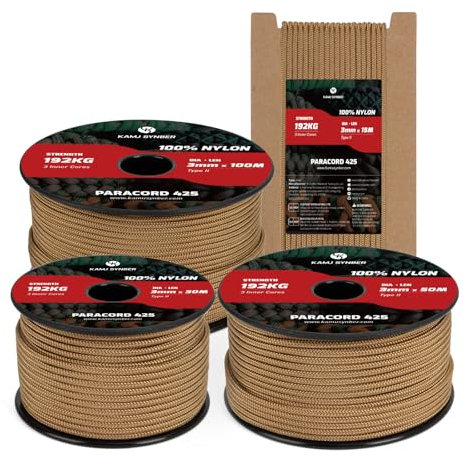 Kamu Synber Paracord 3mm x 15m 100% Nylon Cuerda Paracord 425 Tipo II 3 Hebras Cuerda Resistente para Todo Uso, Exterior, Bricolaje | Soporta 192kg | Marrón Coyote
