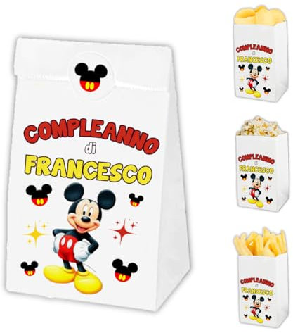 Auguriando 25 Sacchettini Compleanno Bambini Personalizzati Sacchetti Dopo Festa Regalo Personaggi Sacchetto Carta Regali dopofesta Caramelle Alimenti (Topolino)