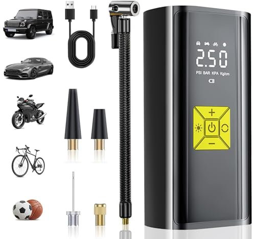 Compresor Aire Portatil, 150 PSI Inflador Ruedas Coche, Hinchador Electrico con Pantalla Digital y luz LED, Adecuado para coches, Motos, Bicicletas, Anillo de Natación, PelotasEtc