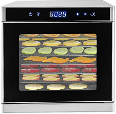 Dörrautomat Edelstahl, Dörrgerät mit Temperaturregler, 6 Edelstahl-Dörrtabletts, 24 Std. Zeitschaltuhr, LED-Display (35°-75°C) und 700W, Trocknen für Obst, Pilzen und Fleisch.