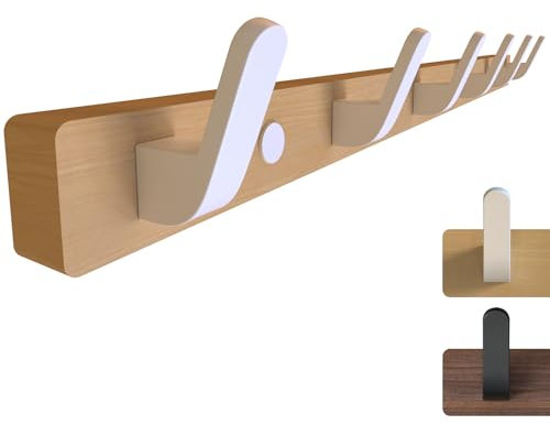 SunVFaFa Kleiderhaken Wand, Garderobenhaken Weiß 55cm, Garderobenleiste Holz mit 6 Metall Haken, Wandgarderobe, Wandhaken Garderobe, Hakenleiste Hängegarderobe