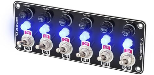 6 Gangs Kippschalter-Panel mit 10A Sicherung Schlankes 12V/24V Schaltelement, Wasserdichtes und Staubdichtes ABS+Metall-Design, Multi-Geräte-Strommanagement für Autos, LKWs, Boote und Wohnmobile