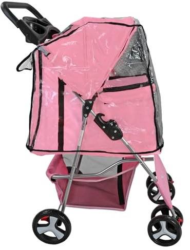 Actiaspet Foldable Pet Stroller Dog Cat Pushchair 15kg Multiple Colours (Pink, Stroller + Cover)
