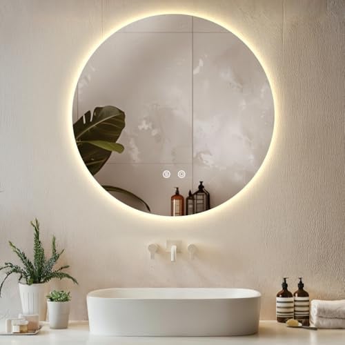 tectake® Miroir Salle de Bain Rond éclairage LED intégré, Miroir Coiffeuse à LED, 3 Couleurs de lumière réglables, Fonction mémoire, Anti-buée, Idéal Salle de Bain, Coiffeuse, Makeup Mirror, Ø 70 cm