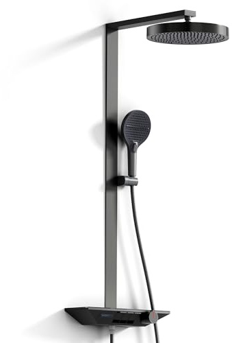 Alphabath Duschsystem mit Thermostat, Duscharmatur Komplettset mit 30 cm Regendusche Duschkopf, Handbrause mit 3 Strahlarten, Höhenverstellbar Duschset mit Glasablage, Grau