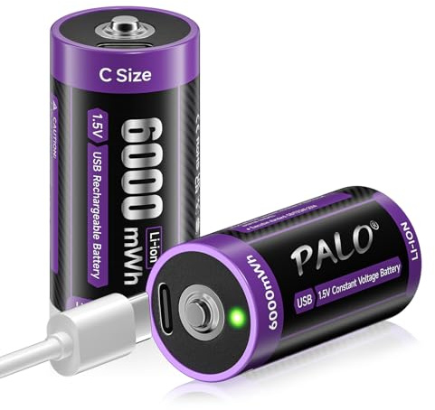 Mspalocell USB-C Litio Pila C Lr14 de 6000 mWh Pilas Tipo C de Carga Rápida de 1,5 V con Cable de Carga, Baja Autodescarga, con Luz de Carga, Más de 1500 Ciclos, Batería de 2 Piezas