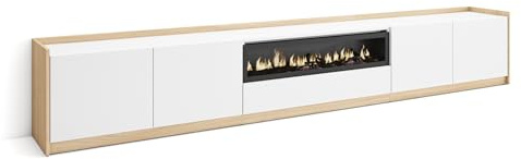 Skraut Home | TV Unit, Stand Cabinet | Entertainment Center | 310x50x37 cm | For TVs up to 80 | Electric Fireplace | Modern Style | White and Soft Oak