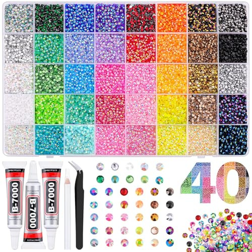 32000Pcs 40 Colors Resin Rhinestones Bedazzling Kit with Glue and Pen | 3mm Flatback Gems for Diamond Art,Bedazzler Kit for DIY Clothing, Crafts，Book，Shoes, Cups，Fabric, Nail Art Accessories