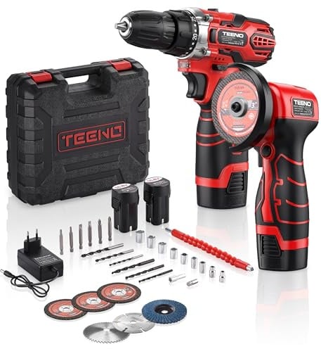 TEENO Kit trapano a percussione e smerigliatrice angolare a batteria 16,8 V | Trapano 45 Nm con 25+1 regolazioni, smerigliatrice 19500 giri/min, 2 batterie, ideale per bricolage e riparazioni auto