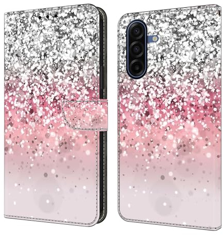 CLM-Tech Handyhülle kompatibel mit Samsung Galaxy A57 5G Hülle - Tasche aus Pu Leder - Klapphülle mit Ständer und Kartenfächern - Schutzhülle Wallet Case Cover in Silber und rosa