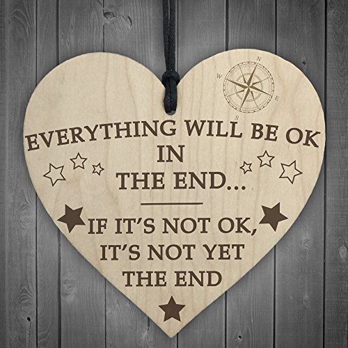 RED OCEAN Everything Will Be Okay In The End Hanging Heart Wooden Plaque Motivational Gift