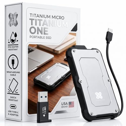 Titanium Micro 2TB External SSD, Titanium One Portable SSD - Up to 550MB/s, USB 3.2 Gen 2 USB-C USBA, Rugged IP66 Water Resistance, Drop Proof, External Solid State Drive Storage for PC Mac Smartphone