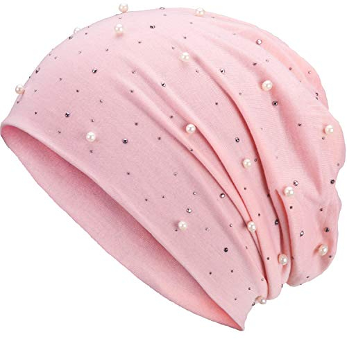 Compagno Slouch Beanie mit Perlen aus atmungsaktivem, feinem und leichten Jersey Unisex Damen Mütze Haube Boho Bini Mädchen Einheitsgröße, Farbe:Rosa