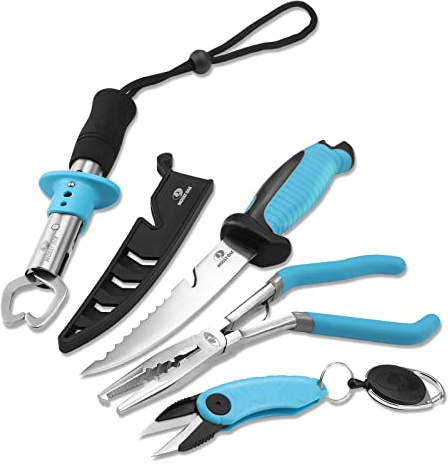 Mossy Oak 4pc Fishing Tool Kit - Pistol Grip Fishing Pliers, Fish Fillet Knife, Fishing Gripper, Line Snip, Fly Fishing Retractor with Retractable Lanyard