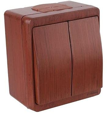 Interrupteur double en saillie (marche/arrêt) - Aspect bois - Couleur bois - Acajou - IP44 - Convient pour les pièces humides - Mutlusan - AP Serie Nemliyer