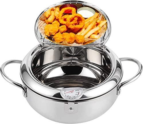 Friteuse Tempura,Mini Friteuse Japonaise Tempura en acier inoxydable japonais,avec Thermomètre Couvercle, domestique Tempura compatible avec la cuisinière à gaz,la cuisinière à induction(24 cm)