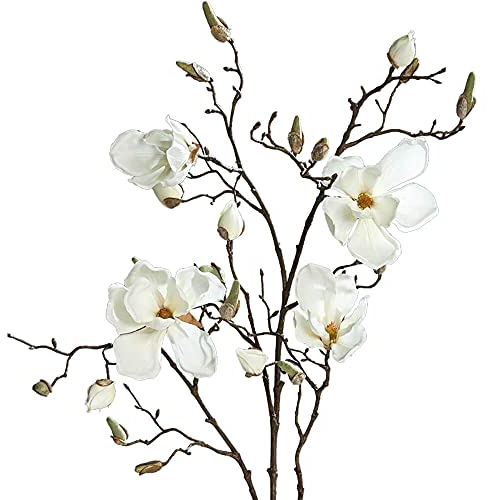 Magnolie Kunstblume creme mit Blüten Knospen wie echt - 84 - 87 cm großer Magnolien-Zweig als wetterfeste outdoor Pflanze - Künstliche Blume als süße Tisch-Deko bunte Wohnzimmer-Deko