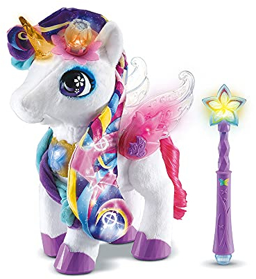 VTech - Styla, Mein Einhorn, magisches Make-up, interaktives Einhorn-Plüschtier – Würfel 4 Jahre – Version FR