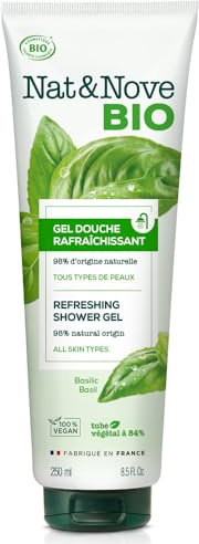 Nat&Nove Bio - Gel de ducha Refrescante, para todo tipo de piel, con Albahaca Orgánica. Refresca y limpia suavemente. Bio y Vegano.