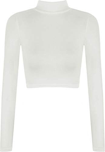 LUXE DIVA Womens Turtle Neck Crop Ladies Long Sleeve Plain Polo Short Stretch Top Sizes 8-14 White