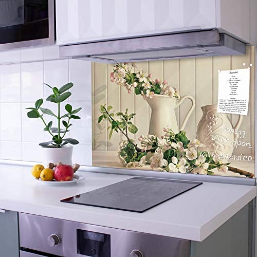 banjado Küchenrückwand Glas ohne Bohren 60x40cm – Glasrückwand Küche mit Motiv Kirschblüten/Spritzschutz Küchenrückwand Glas/selbstklebende Küchenrückwand Platte - magnetisch & beschreibbar