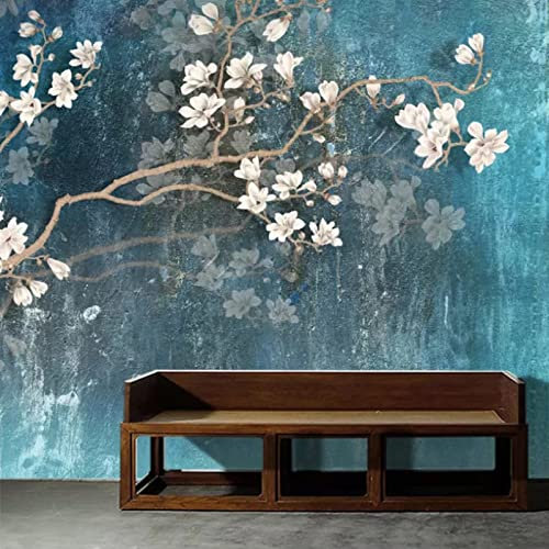 ManFototapete Papier peint intissé Oiseaux de fleurs vintage bleu nordique Décoration Murale Poster Tableaux Muraux Tapisserie Photo Trompe l'oeil Salon Chambre art mural 400(w) x280(H) cm