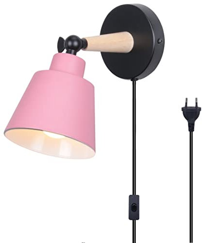 TOKIUS Wandleuchte Innen Moderne Nachttischlampe aus Metall und Holz Deko E27 Fassung Verstellbarer Wandbeleuchtung Innen Wandlampe für Schlafzimmer Wohnzimmer Flur (Rosa, Mit Stecker Schalter)