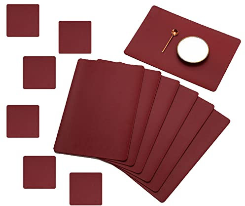 BECHEN Plastic Placemats and Coasters,Non Slip Washable Placemats for Dining Table Wipe Clean Table Mats Set of 6 (Red)