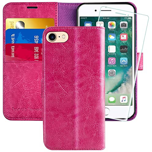 MONASAY iPhone SE 2022/2020 5G Case,iPhone 8 Wallet Case, iPhone 7 Case,4.7-inch, [Glass Screen Protector] Flip Folio Leather Cell Phone Cover with Credit Card Holder for Apple 7/8/SE2/SE3,Hot Pink