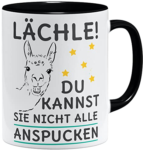 OM3® Lächle du kannst sie nicht alle anspucken Lama Kaffee-Tasse mit Spruch Motiv Alpaka | Keramik Becher | 11oz 325ml | Beidseitig Bedruckt | Schwarz