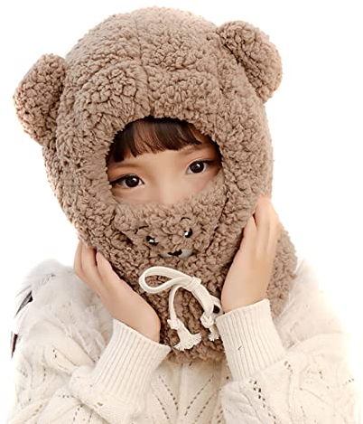 Kinder Winter Warm Mütze für Jungen Mädchen 2-7 Jahre, Baby Kinder Winter Plüsch Tiere Bär Fellmütze Winddichte warme Gesichtsmaske Beanie Kapuze Fleece Mütze Earflap Hut Schlupfmütze Schalmütze,Braun