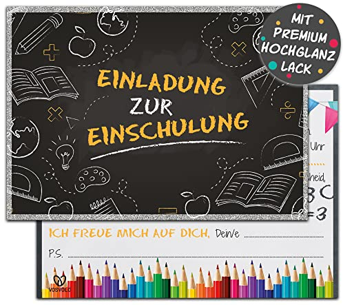 VOSVOLO Einschulung Einladungskarten | 12er Set Einladungen zum Schulanfang | DIN A6 Einladungskarten 1. Schultag für Jungen & Mädchen | 14,8 x 10,5cm | Schwarz Orange