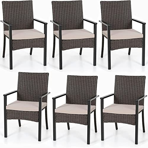 PHI VILLA Outdoor Wicker Chairs Set von 6, Rattan bedeckt Metall Sessel mit abnehmbarem Kissen, Heavy Duty Möbel Set für Patio, Deck, Veranda, Yard