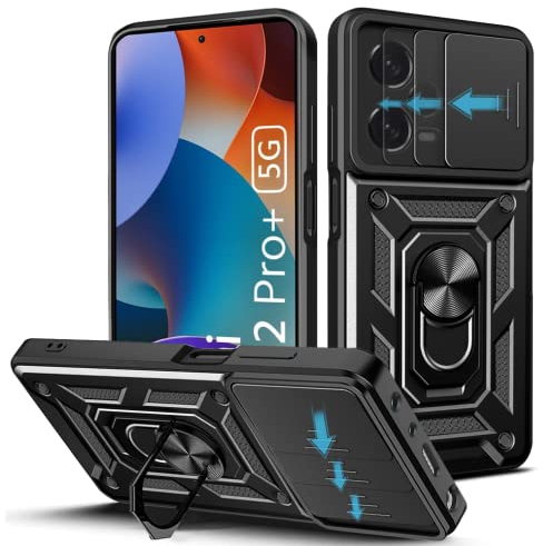 Loyhee Hülle für Xiaomi Redmi Note 12 Pro Plus 5G (6.67), Kameraschutz Handyhülle mit 360 Grad Ring Ständer Weich TPU Bumper Stoßfest + Hart PC Rückseite Kratzfest Tough Armor Schutzhülle - Schwarz