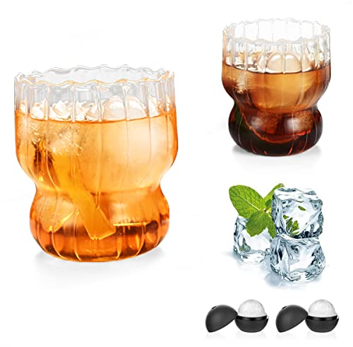 URMAGIC Origami Style Glass Cups,2 Pcs 280ml Ribbed Drinking Glasses with Ice Ball Molds,Iced Coffee Cup,Bubble Cups,Vintage Wine Cup,Ripple Ribbed Glassware,Latte Cup,Wave Shape Beverage Glasses