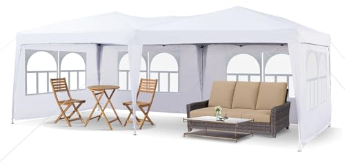 LEMROE Grande tonnelle pop-up de 3 x 6 m avec côtés - Abri de camping robuste avec chapiteau 210D imperméable pour jardin extérieur (blanc avec parois latérales)