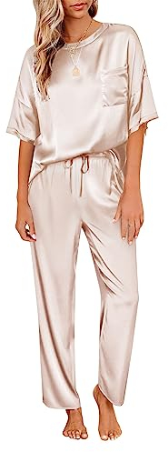 Ekouaer Pyjama Damen Kurzarm Zweiteiler Schlafanzug Satin Hausanzug Kordelzug Pyjama Set Sommer Nachtwäsche Lang Hose Seide, Champagner, S