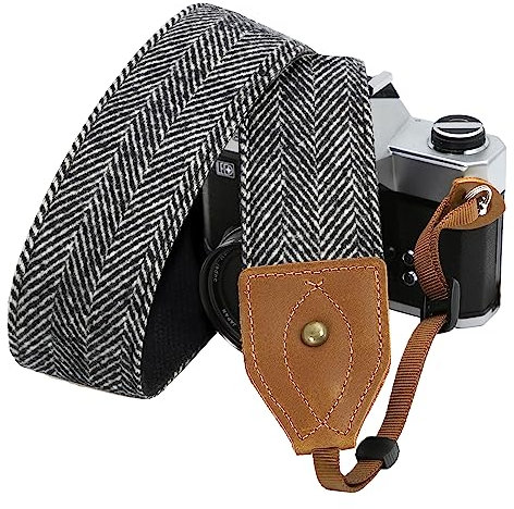 Padwa Lifestyle 2 Wide Classic Crazy Horse Art Cowhide Head Camera Strap - Black White Twill Cashmere Vintage Camera Straps for Photographers, Adjustable Shoulder & Neck Strap Fits All DSLR Cameras