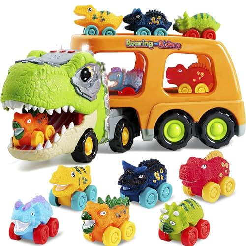 JOYIN Mini Dinosaurier LKW Spielzeug, mit 6 Fahrzeugen aus weichem Gummi, mit Musik und Sound, blinkenden Lichtern, Dino Spielzeugautos Geschenke für Jungen und Mädchen ab 3 Jahren (Orange)