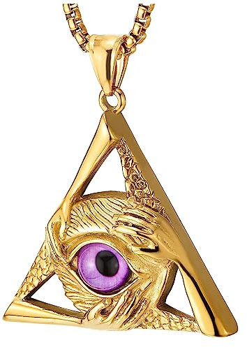 Púrpura Protección Mal de Ojo Mano Oro Triángulo Collar con Colgante de Hombre Mujer, Acero Inoxidable, 70cm Cadena