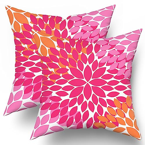 Kawani Preppy Hot Pink Orange Pillow Covers 16X16 Inches Dahlia Floral Geometric Decorative Pillowcase Set of 2 Aesthetic Square Throw Pillow Case Home Decor for Dorm College Girls Sofa Bedroom Couch