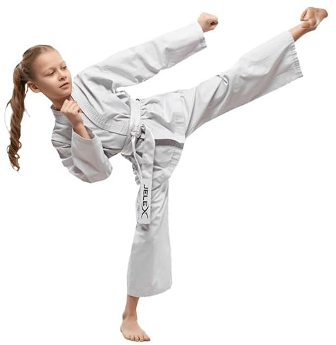 JELEX Kihaku Ensemble de karaté comprenant pantalon, haut et ceinture pour adultes et enfants, karaté, judo, arts martiaux, Blanc enfant, 98