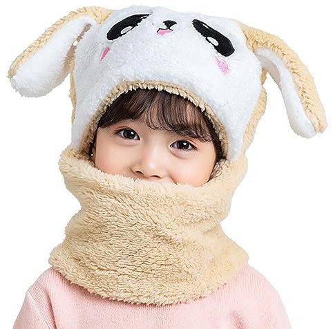 MK MATT KEELY Kinder Winter Mütze Junge Mädchen 2 in 1 Warme Cartoon Kaninchen Schal Ohrenklappe Ski Mütze Set,Beige,5-8 Jahre