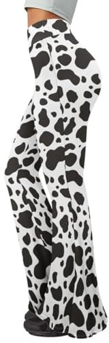 Irisjudy Frauen Hohe Taille Kuhdruck Ausgestellte Bein Leggings Plus Size Cartoon Katzen Hunde Glocke Bottom Yoga Hosen Hosen, Kuhmuster, Weiß, M