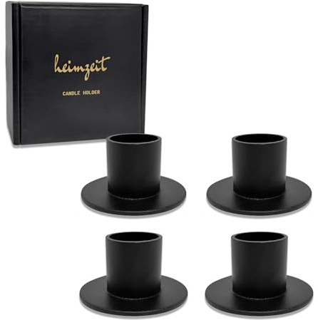 heimzeit Kerzenhalter für Stabkerzen und Tischkerzen aus Metall [4 Stück, Rund] Farbe: Schwarz, Stilvolles Design, Kerzenständer für eine Elegante Raumdekoration