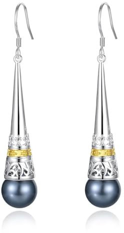 MetJakt Damen Ohrringe 925 Sterling Silber Hängend mit Perlen Vintage Antik Stil Tropfen Perlmutt Naturstein Perlen Lang Earrings für Frauen (Tahiti perlen)