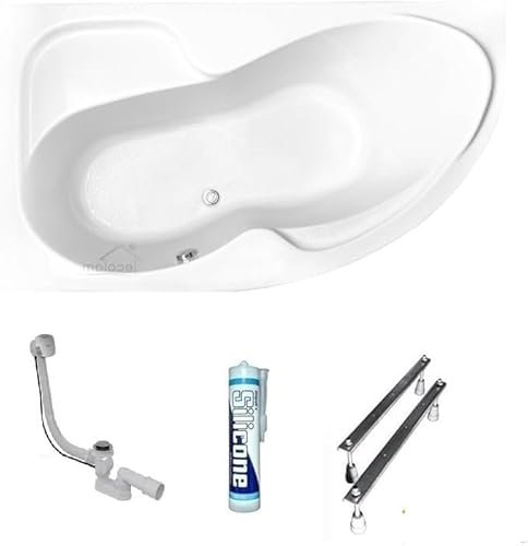 ECOLAM Baignoire d'angle en acrylique asymétrique Wela 160x100 cm | version gauche | pieds siphon silicone | Belle forme aspect moderne | baignoire en acrylique blanc